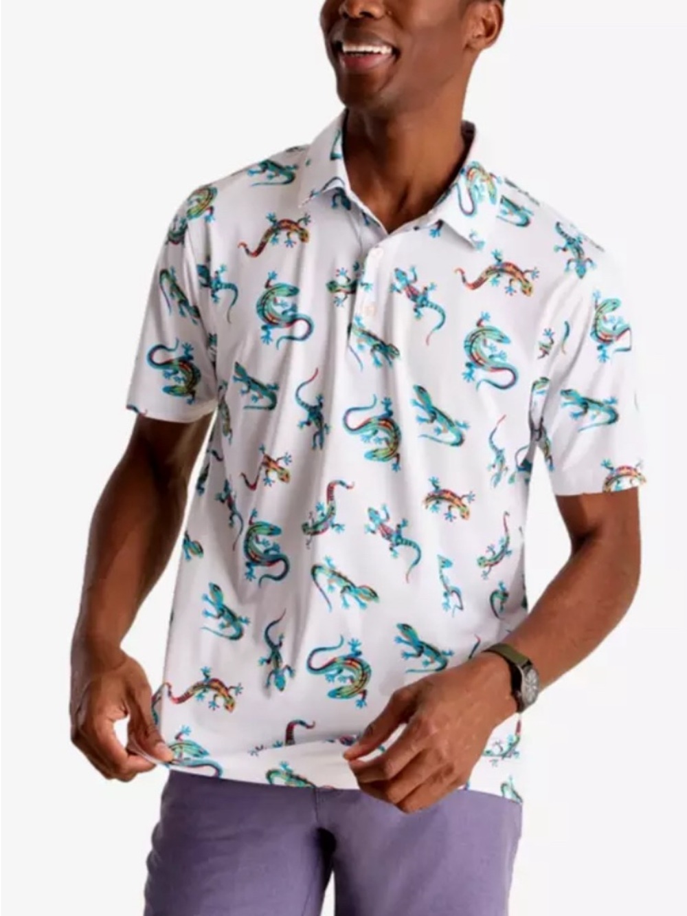 Chubbies Men's White Short-Sleeve Lizard Gecko Print Polo / Golf Shirt XXL